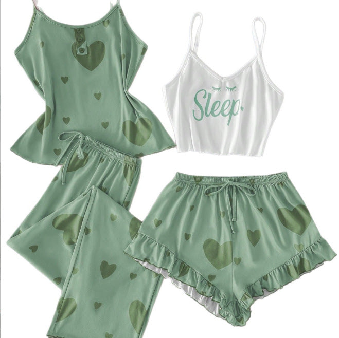 Printed Heart-Shape Camisole Long Pants And Shorts Four-Piece Set by Ricaloux