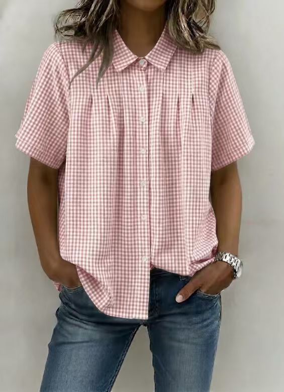 Womens Relaxed-fit Casual Lapel-neck Plaid Short-sleeve Shirt by Ricaloux