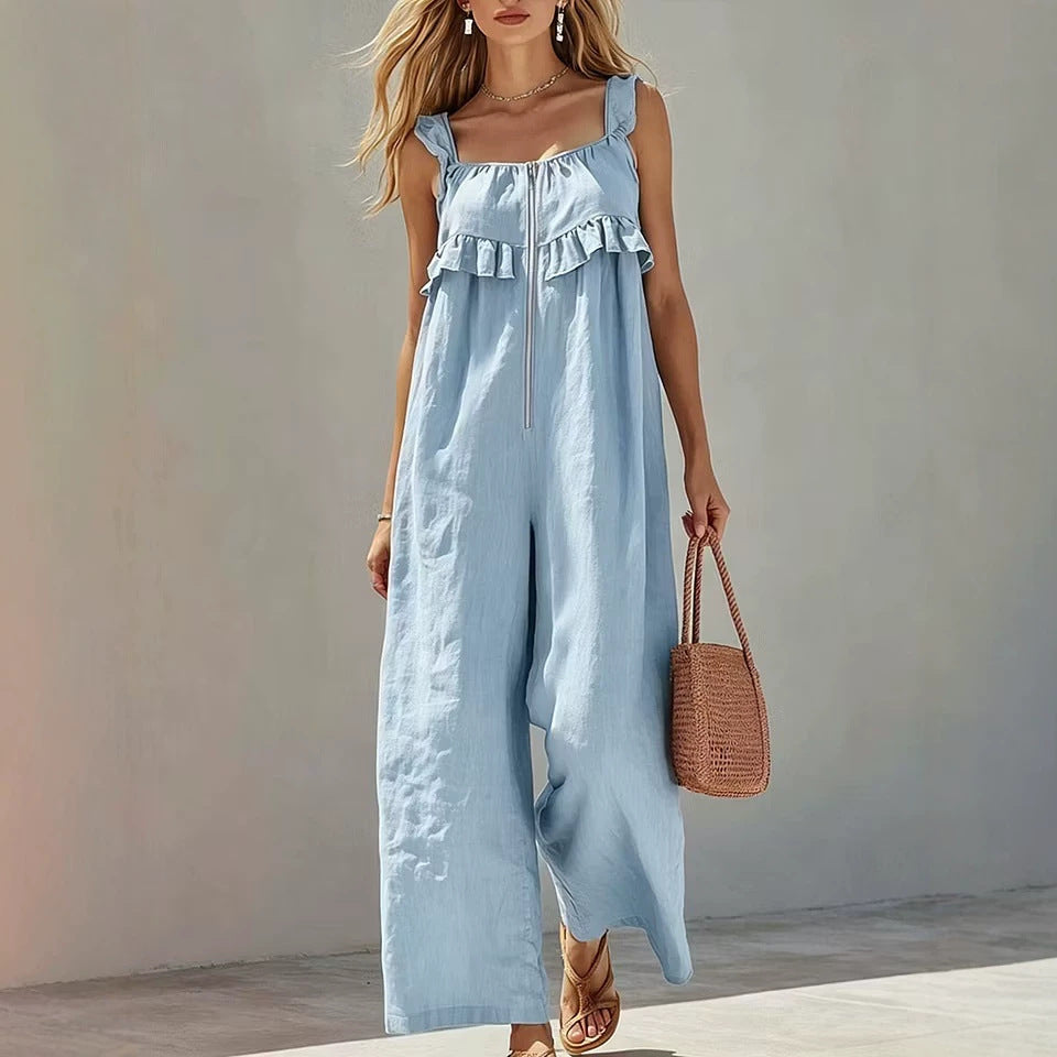 Womens Sleeveless Strap Solid-color Jumpsuit by Ricaloux