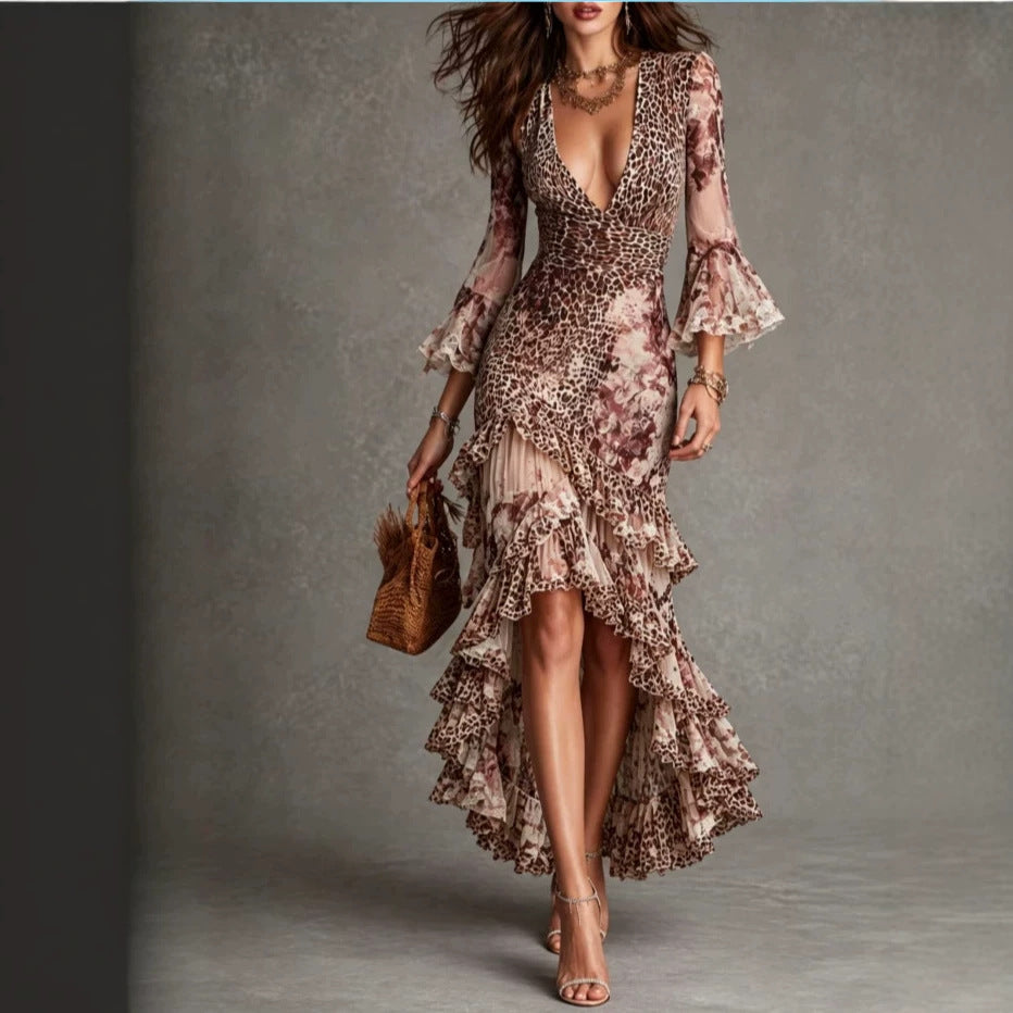 French-style Vintage Leopard-print Flared-sleeve Floral-lace Waist-cinching Asymmetrical Maxi Dress – Premium 0 | RICALOUX