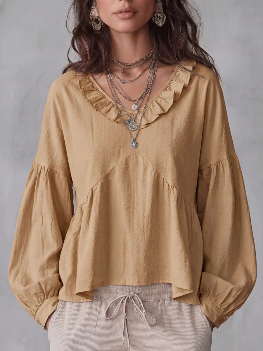 Vintage Lace-trimmed V-neck Long-sleeve Blouse – Premium 0 | RICALOUX