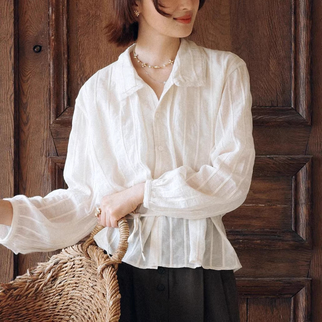 Womens Striped Jacquard Defined-Waist French-Style Shirt by Ricaloux