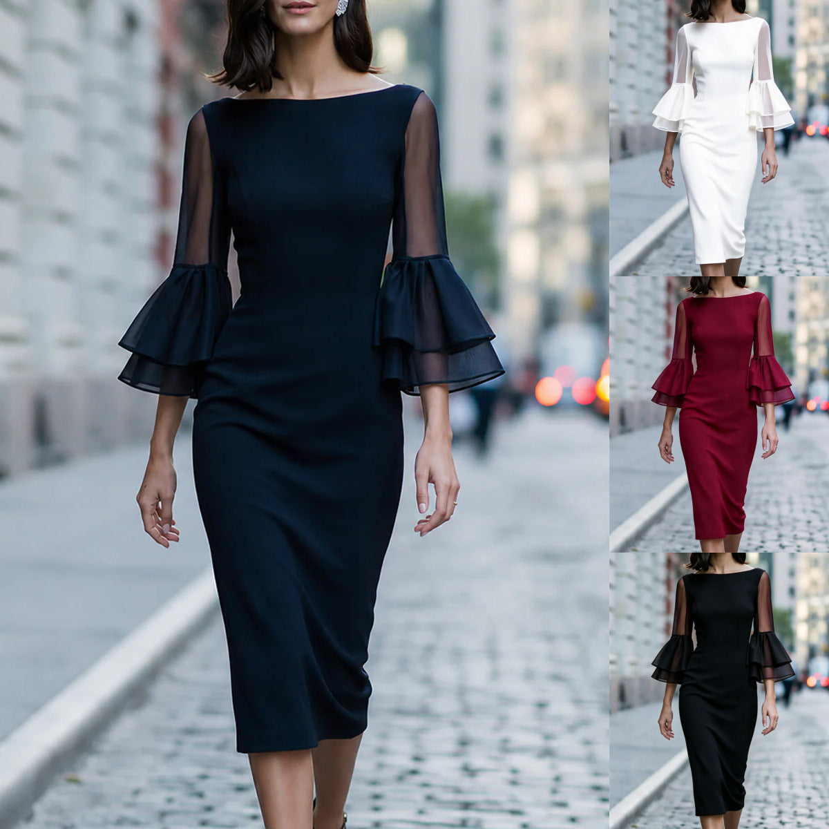 Womens Off-shoulder Sheer Double-layer Flared-sleeve Figure-hugging Sheath Evening Dress by Ricaloux