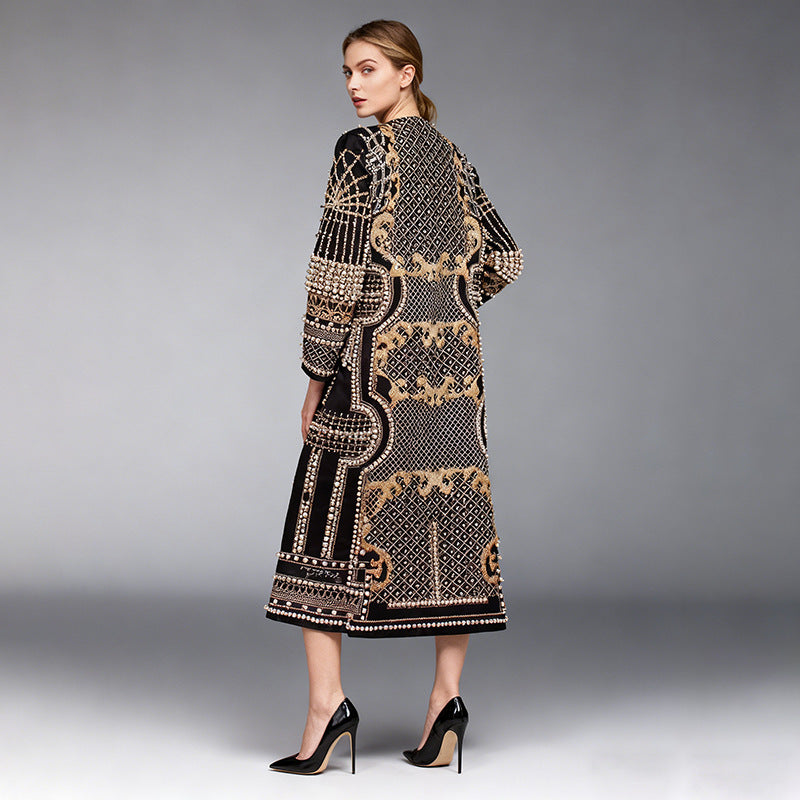 Womens Long Suit-Style Trench Coat With Floral Print And Beading by Ricaloux