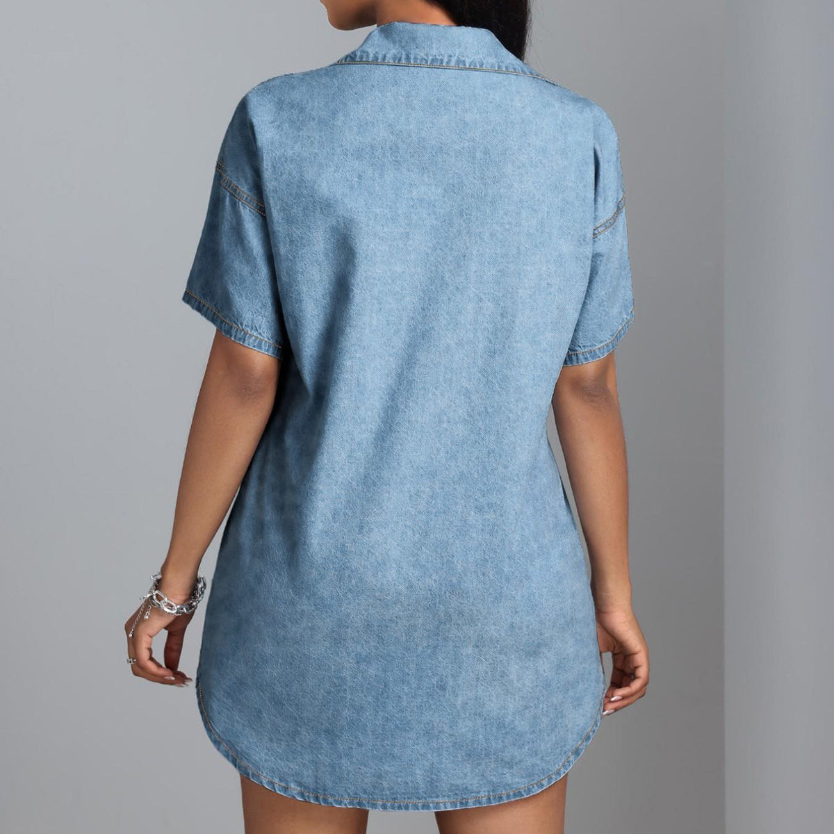 Womens Short-sleeved Loose-fit Denim Casual Shirt by Ricaloux