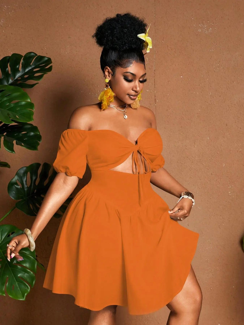 Womens Solid-color Plus-size Off-shoulder Midriff-baring Puff-sleeve Dress by Ricaloux