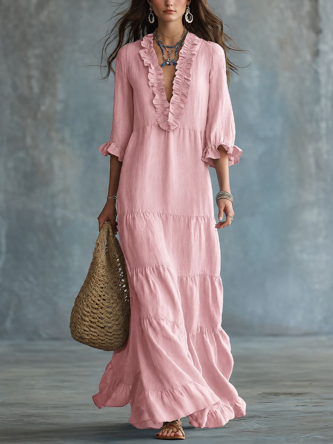Womens V-neck Layered Casual Flowing Maxi Dress With Ruffled Hem – Premium 0 | RICALOUX