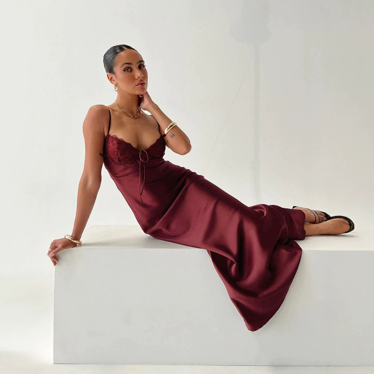 V-neck Waist-cinched Backless Lace And Satin Patchwork Slip Dress by Ricaloux