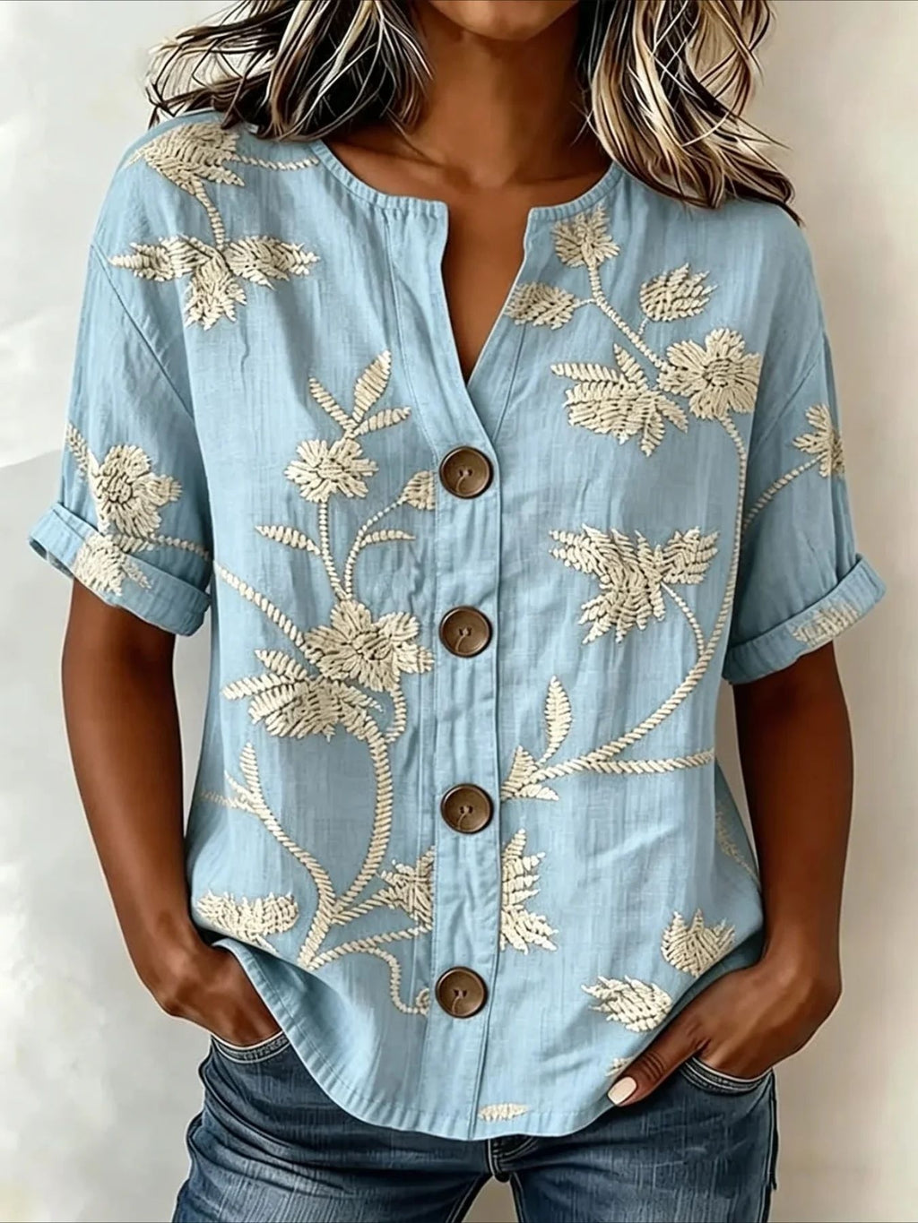 Lantern-sleeve Printed Button-up Womens Blouse by Ricaloux