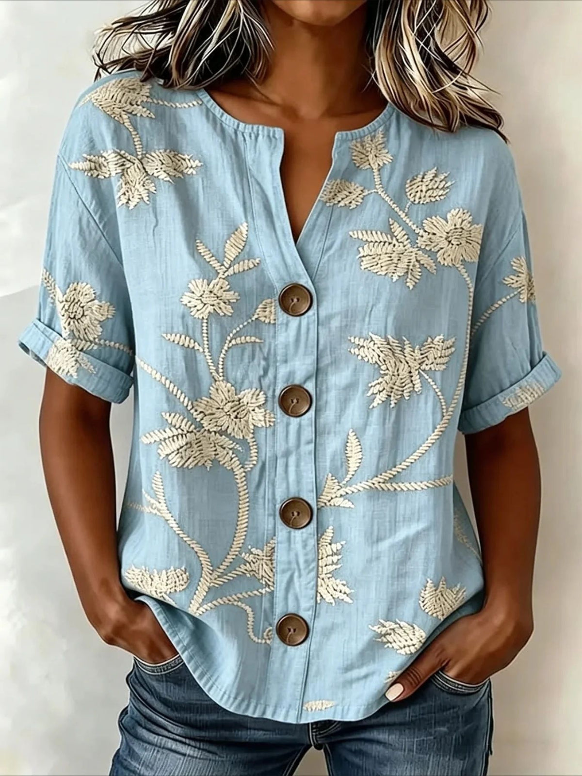 Lantern-sleeve Printed Button-up Womens Blouse by Ricaloux