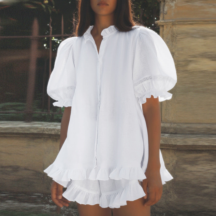 Womens Cardigan Top With Ruffled Hem And Shorts Set by Ricaloux