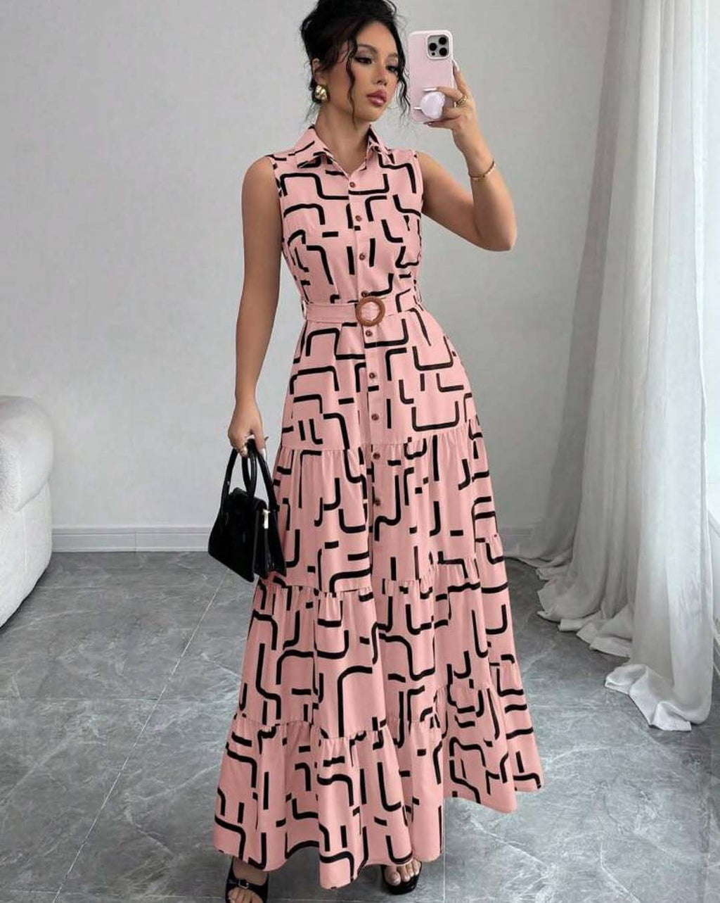 Printed-button Sleeveless Lace-up Shirt-collar Dress by Ricaloux