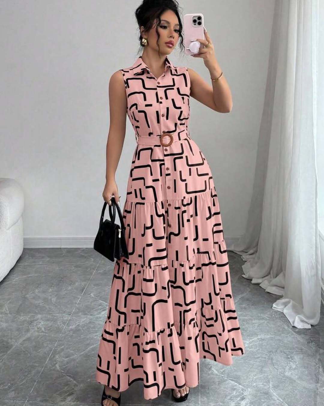 Printed-button Sleeveless Lace-up Shirt-collar Dress by Ricaloux