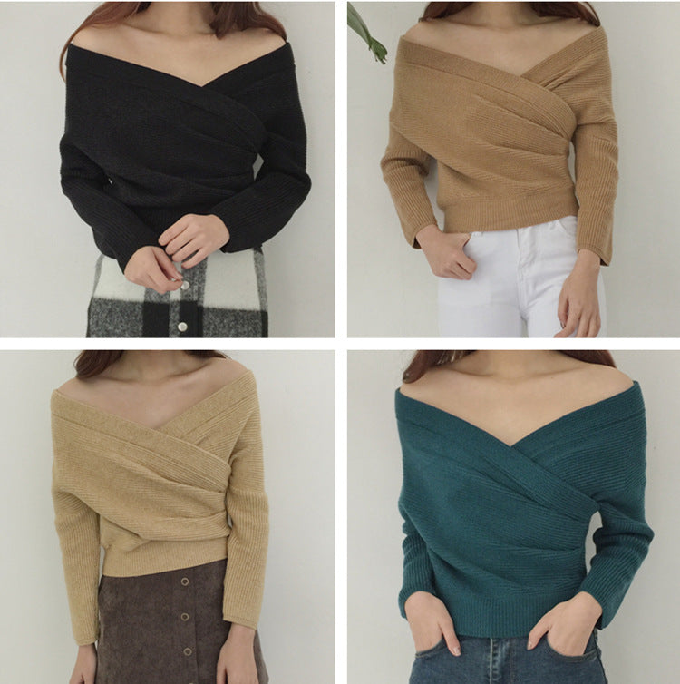 Womens Slim-Fit Knitted Sweater With A Cross V-Neck – Premium 0 | RICALOUX