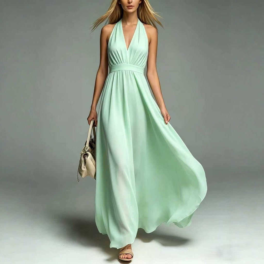 Womens New Solid-color V-neck Sleeveless Waist-cinching Dress – Premium 0 | RICALOUX