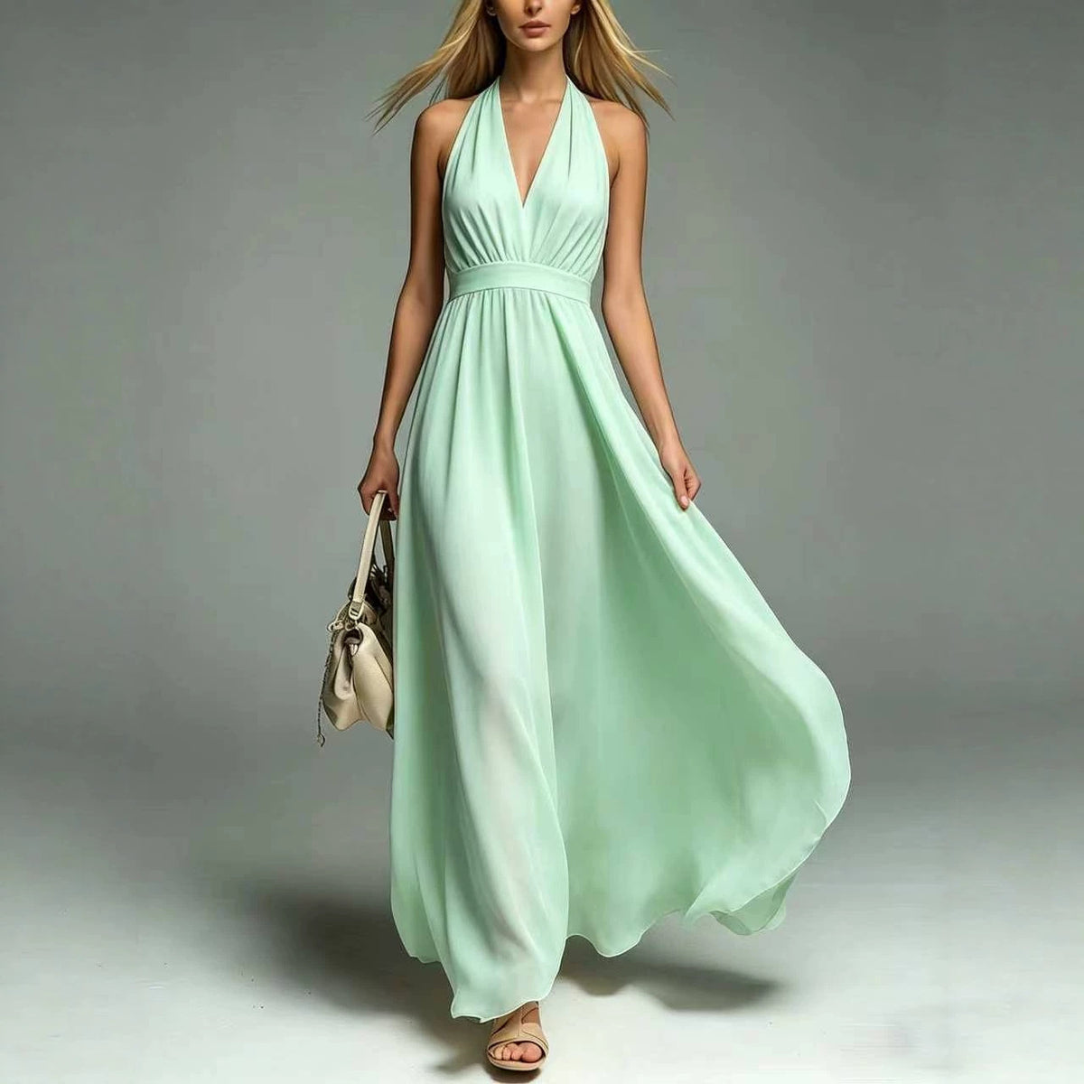 Womens New Solid-color V-neck Sleeveless Waist-cinching Dress – Premium 0 | RICALOUX