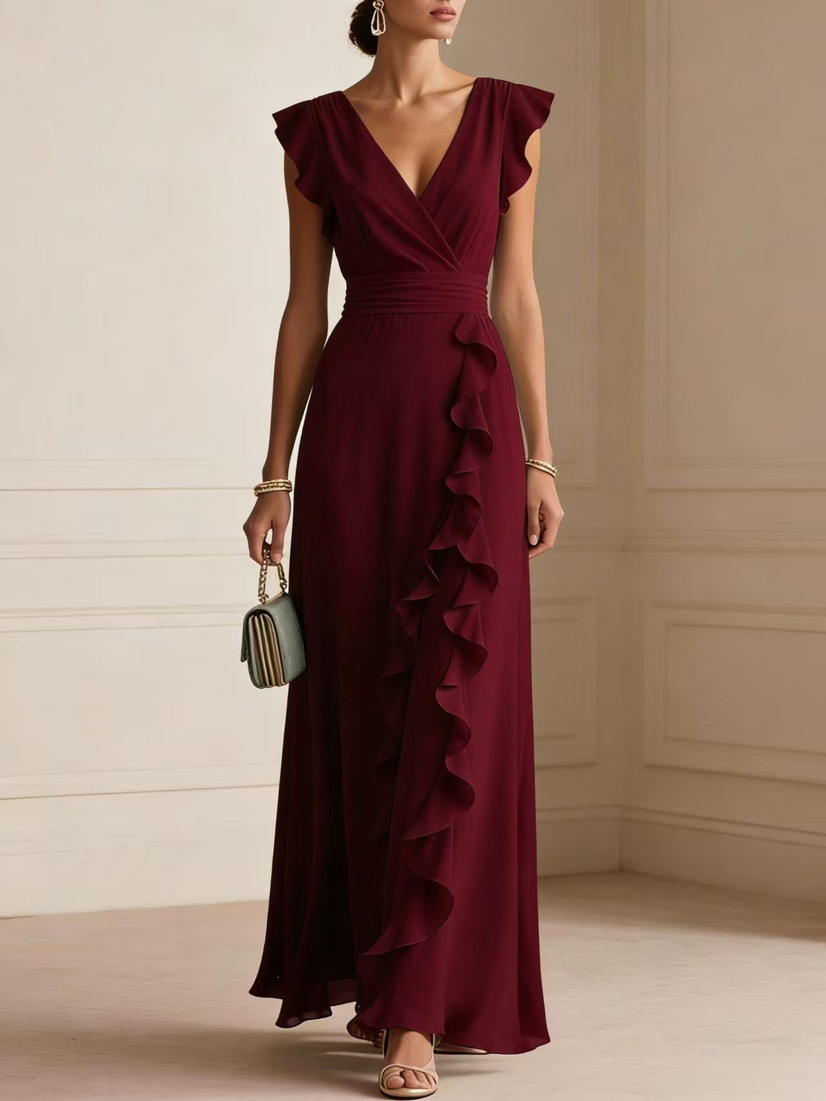 Women's Elegant Solid Color Ruffle Sleeveless Sexy V-Neck Long Dress Fashionable Bohemian Women's Party Evening Maxi Dresses by Ricaloux