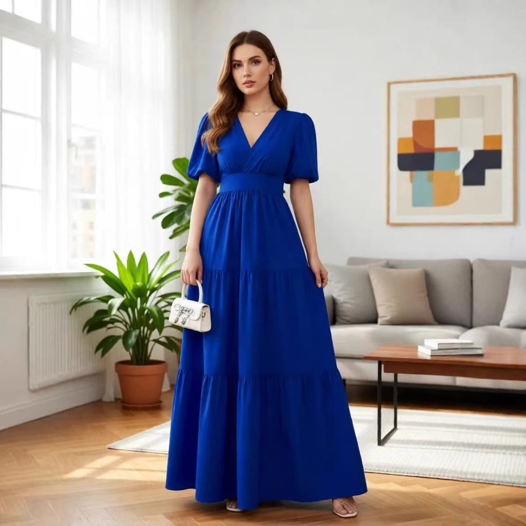 Solid-color Short-sleeve High-waisted Long Dress For Women by Ricaloux