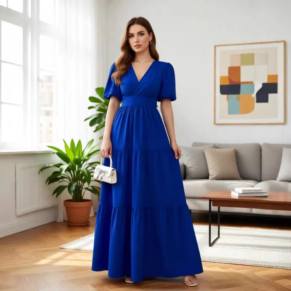 Solid-color Short-sleeve High-waisted Long Dress For Women by Ricaloux
