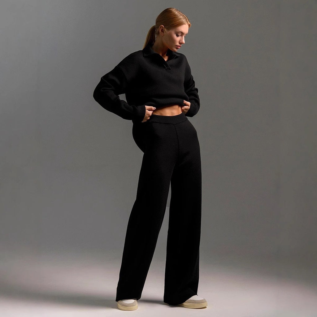 Womens Solid-color Polo-collar Wide-leg Pants Set by Ricaloux