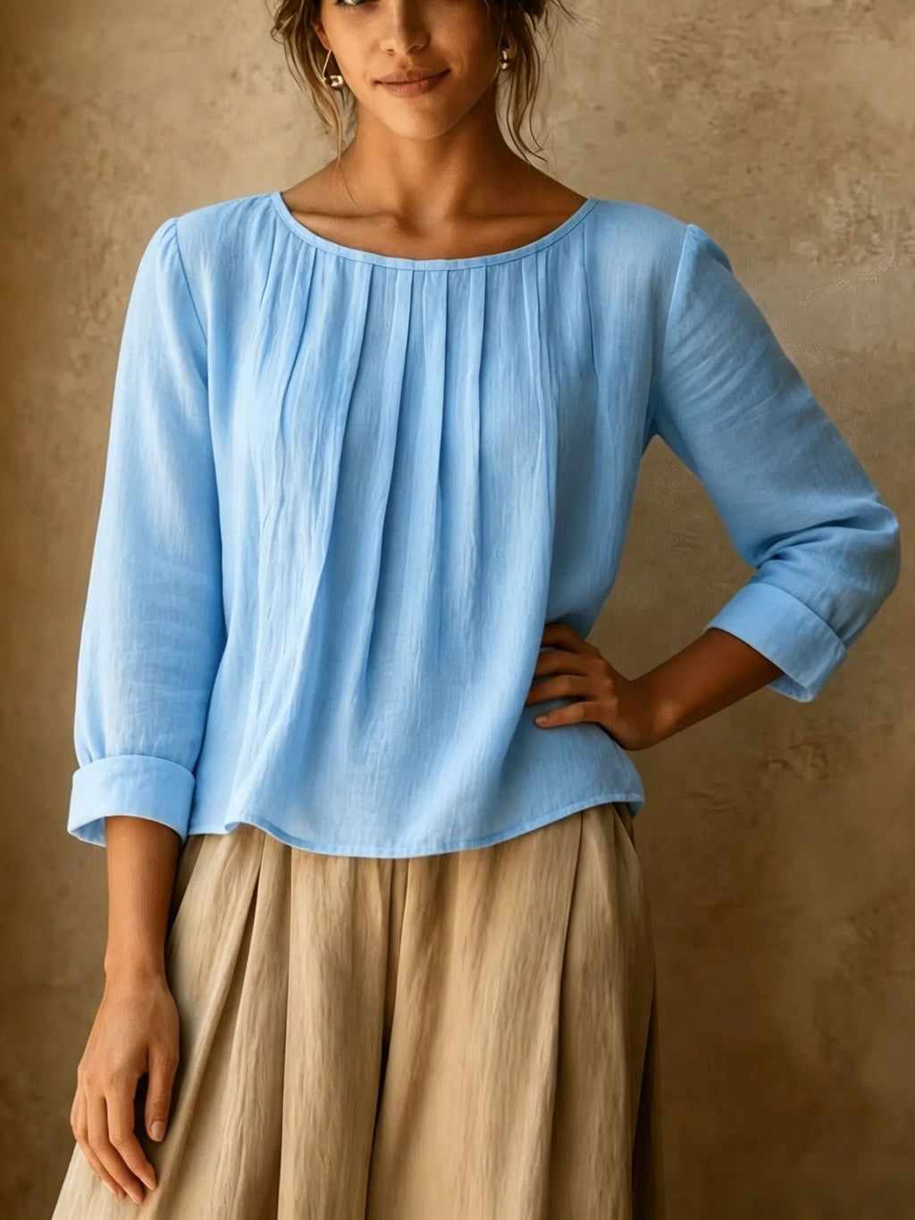 Womens Cotton-linen Top Loose-fit Round-neck Shirt by Ricaloux