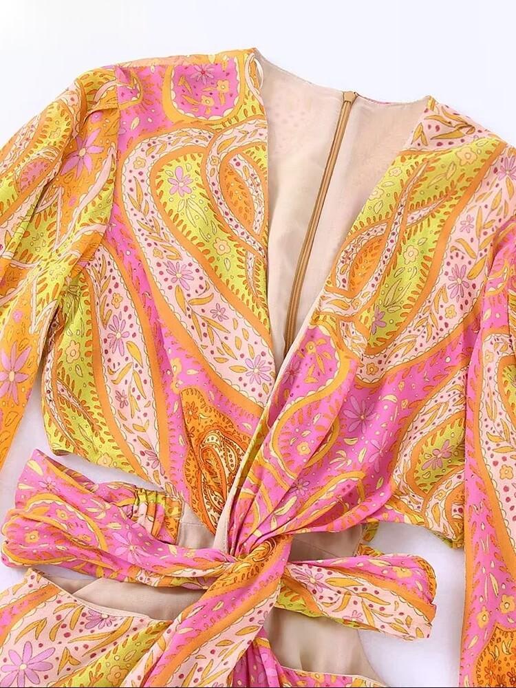 Womens Vintage V-Neck Pistachio-Print Chiffon Dress by Ricaloux
