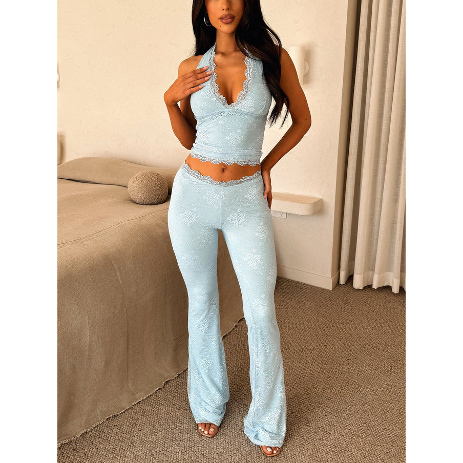 White Floral Lace Halter V Neck Crop Top Flare Pants Two Piece Set – Premium 4 | RICALOUX