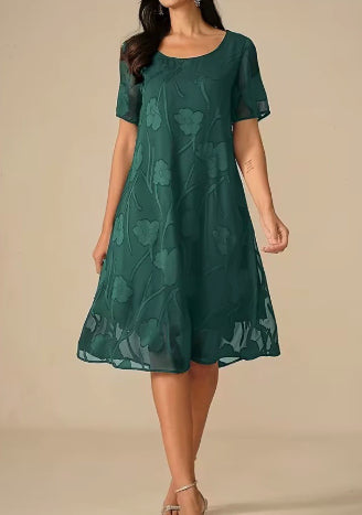 Womens SpringSummer Solid-Color Crew-Neck Short-Sleeve Slim-Fit Dress – Premium 0 | RICALOUX
