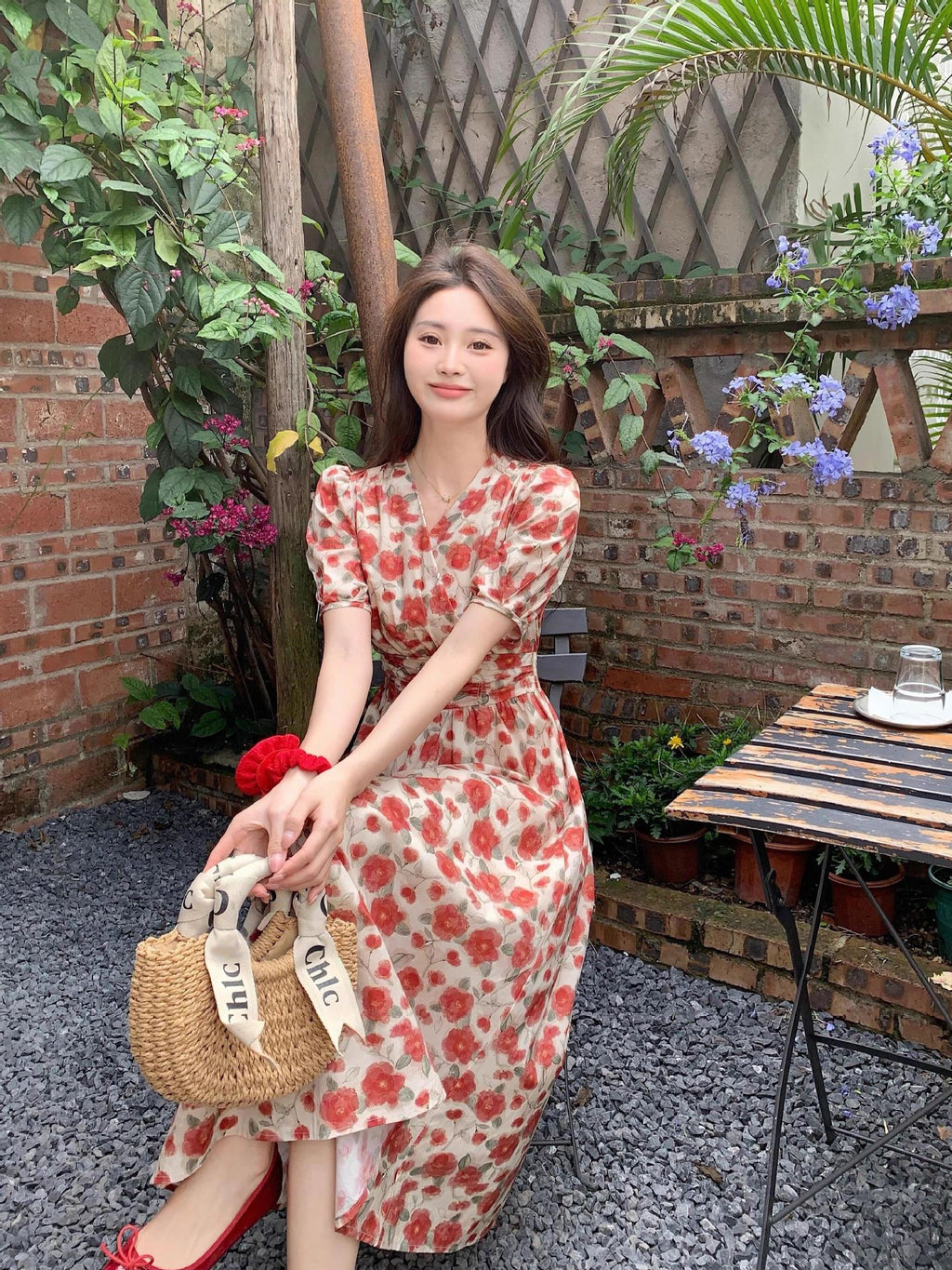 French-style Vintage Red V-neck Floral-print Dress For WomenSummer by Ricaloux