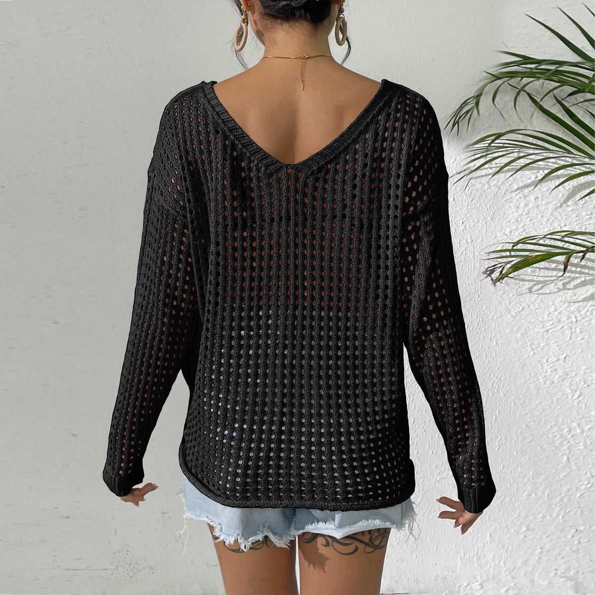 Women Loose Lazy Style Hollow Knit Pullover Top, Long Sleeve Butterfly Patchwork Tie Detail Sheer Cover Up Sweater – Premium 4 | RICALOUX