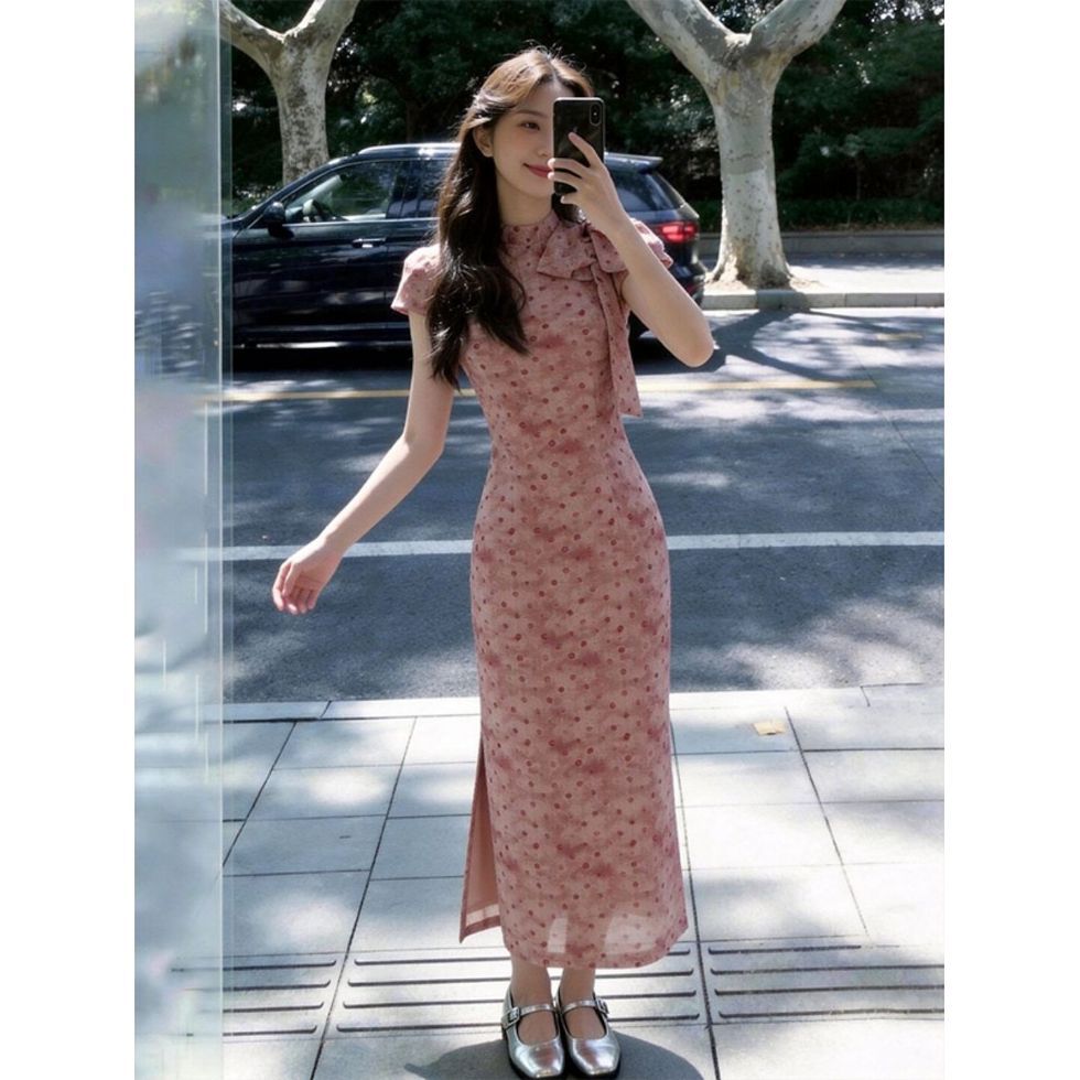 Elegant Polka-dot Bow Cheongsam Dress For Women by Ricaloux