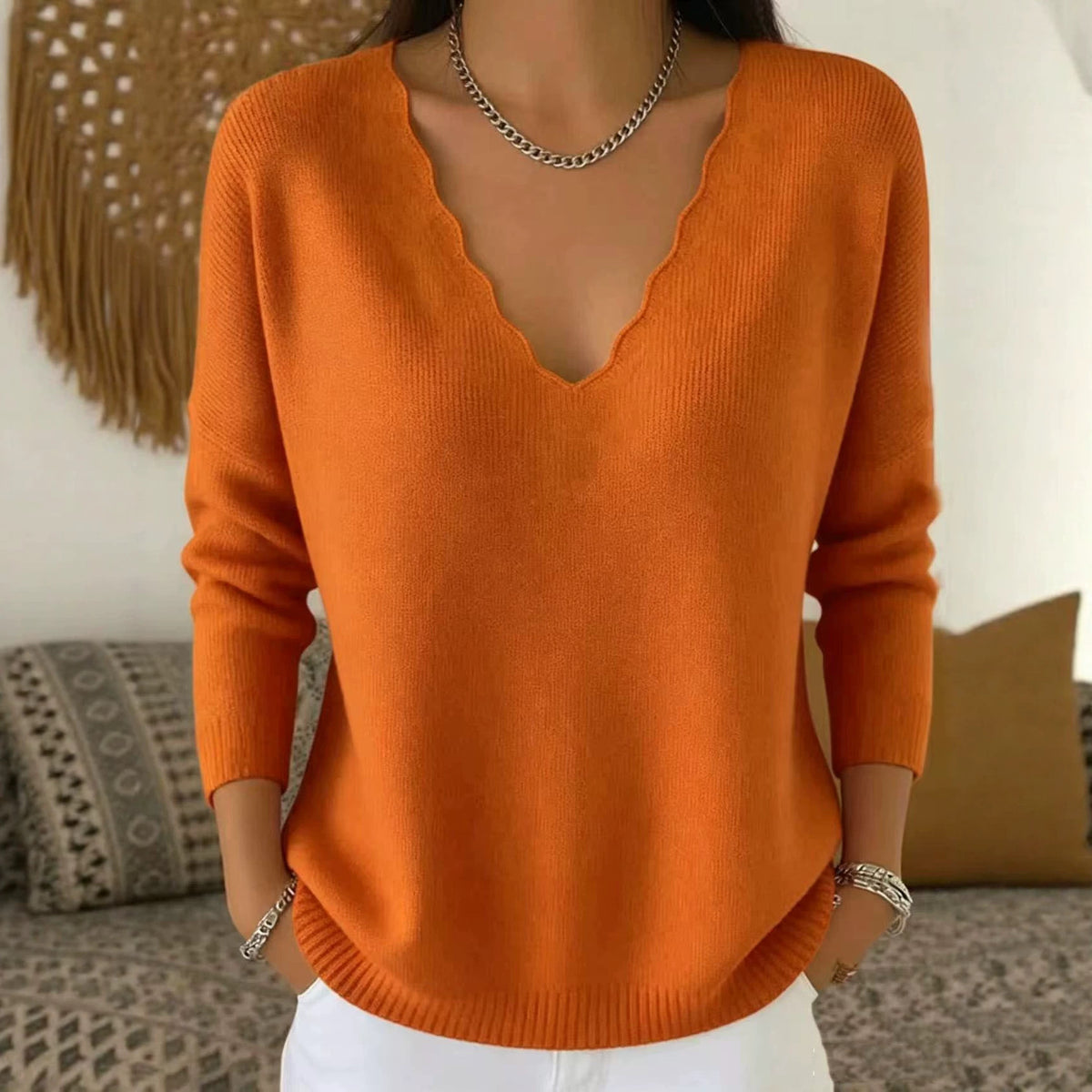 Solid-color Casual Knitted V-neck Loose Sweater by Ricaloux
