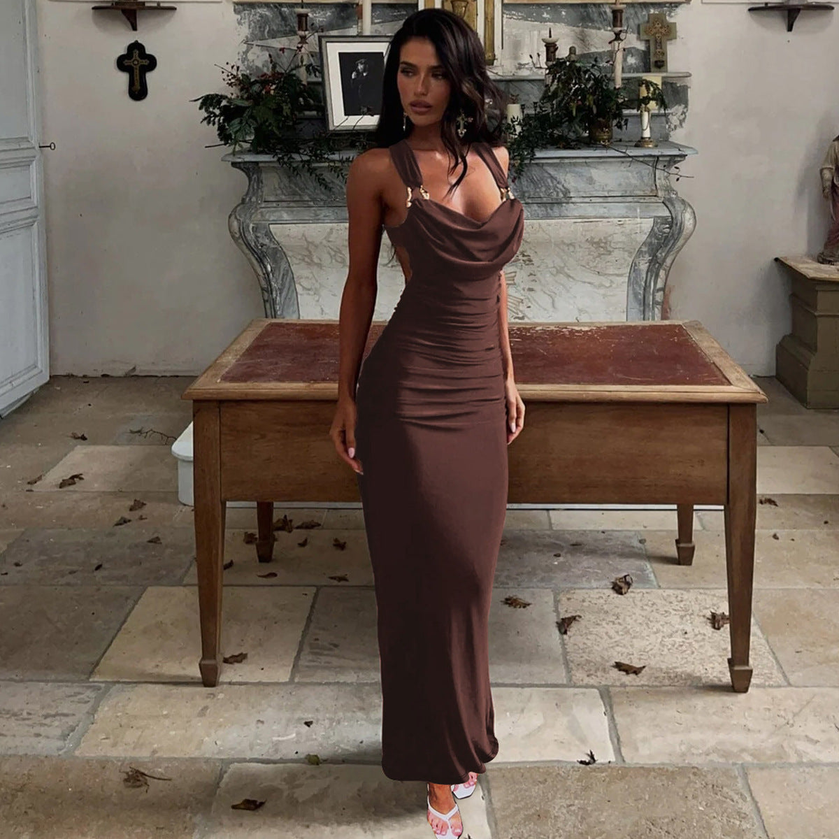 Fashionable And Sexy Backless Pleated Slim-fit Strap Dress by Ricaloux