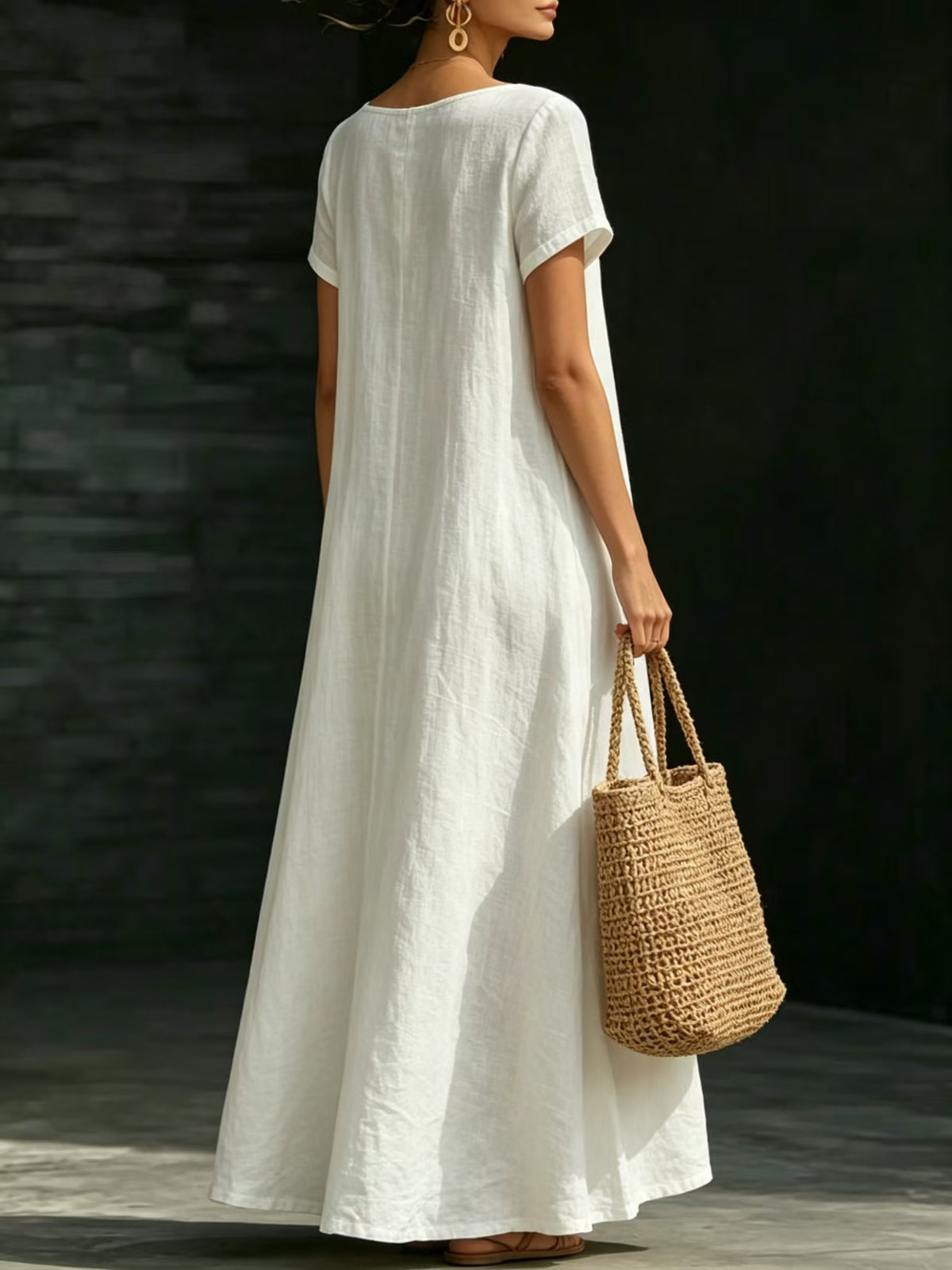 Summer Dress U-neck Short-sleeve Loose Casual Pure Color Full-skirted Long Dress by Ricaloux