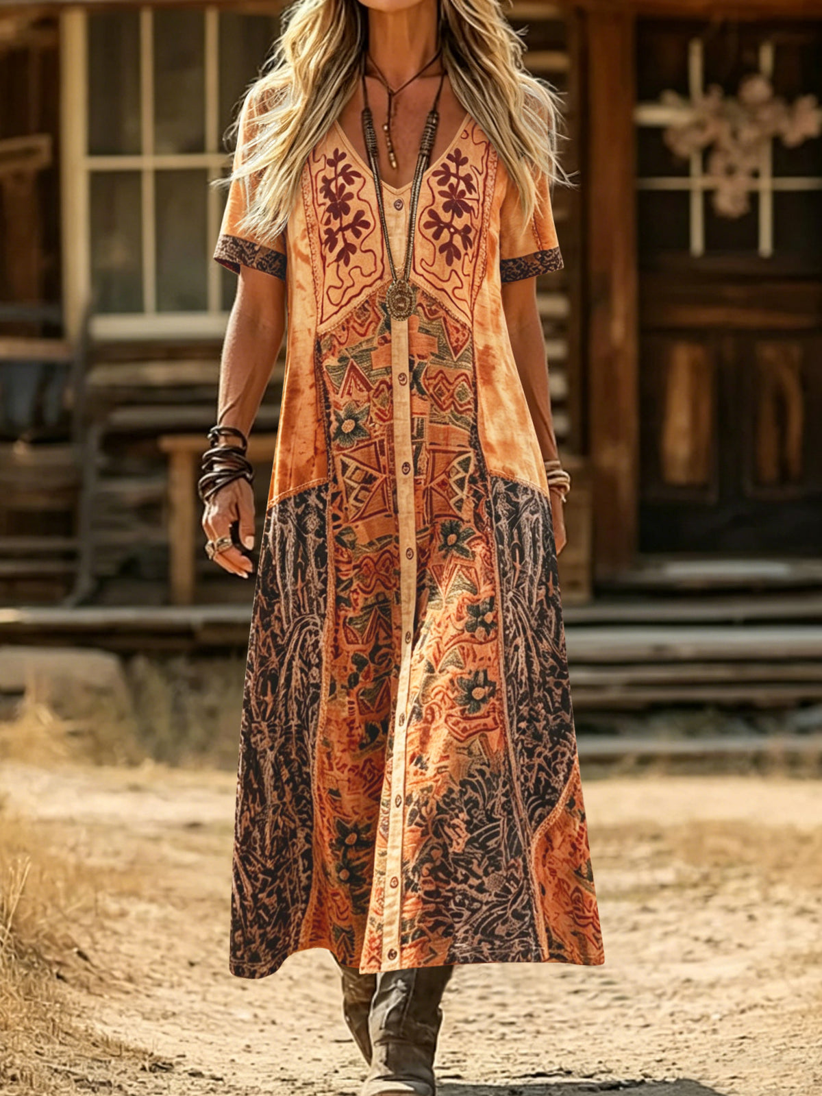 Women's V-Neck Short Sleeve Bohemian Embroidered Print Maxi Dress Casual Loose Button Front Long Dress For Vacation – Premium 4 | RICALOUX