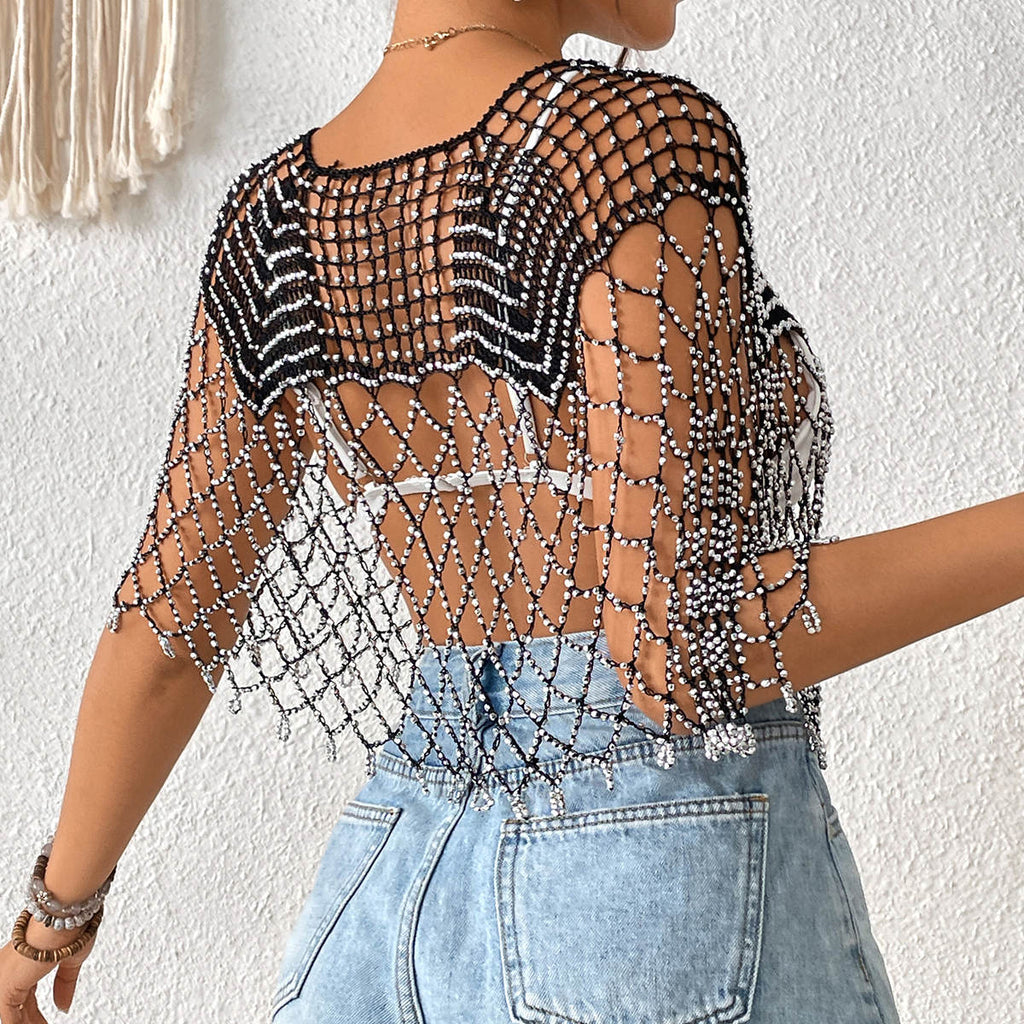 New Arrival Women Hollow Out Beaded Tassel Cape Shawl, Sheer Sun Protection Bikini Cover Up, European American Resort Beach Outfit by Ricaloux