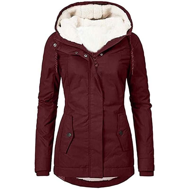 Solid Color Pocket Long-sleeve Zipper Fleece Padded Coat Women - RICALOUX