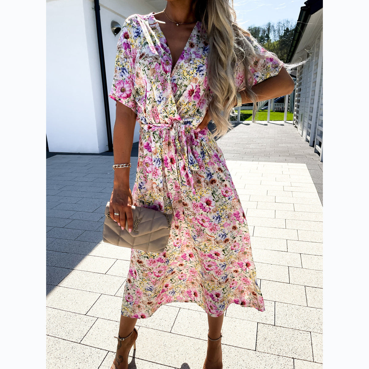 Womens Fashion Floral V-Neck Defined Waist Short-Sleeve Dress by Ricaloux