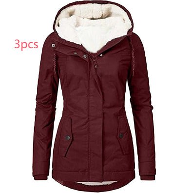 Solid Color Pocket Long-sleeve Zipper Fleece Padded Coat Women - RICALOUX