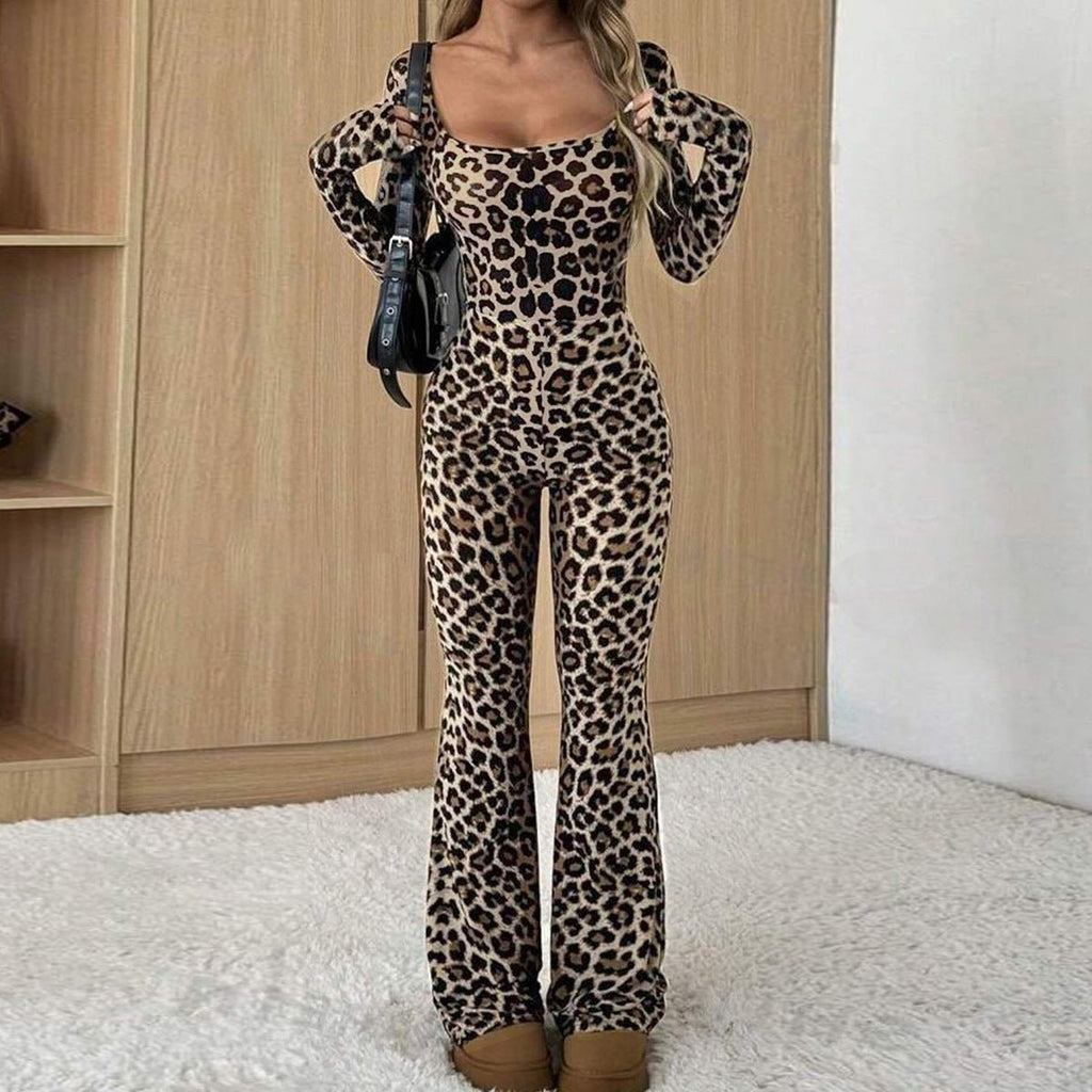 Women's Slim-fit Hip-wrapped Square Collar Leopard Print Jumpsuit - RICALOUX