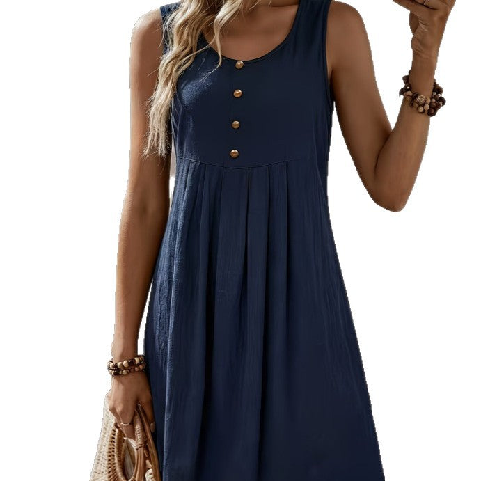 European And American-style Solid-color Round-neck Buttoned Sleeveless Loose-fitting A-line Dress by Ricaloux
