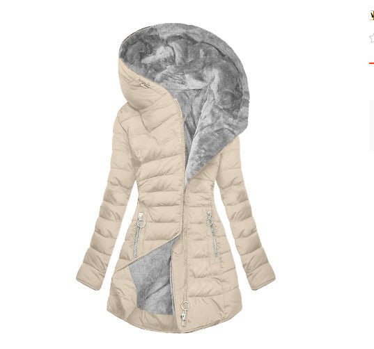 Women's Plush Hooded Mid-length Oblique Zipper Cotton-padded Coat - RICALOUX