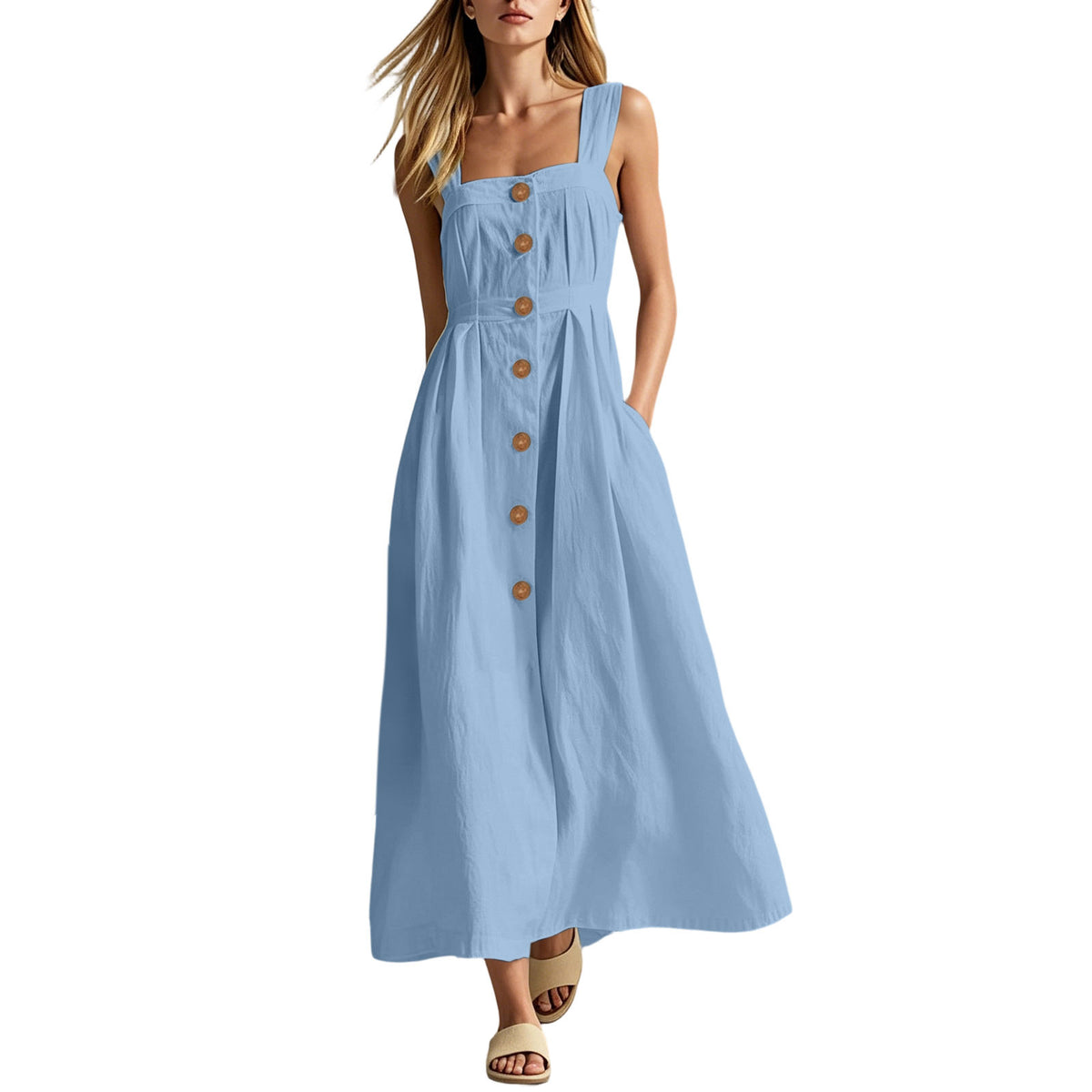 Solid-color Decorative-Button Womens Casual Dress by Ricaloux