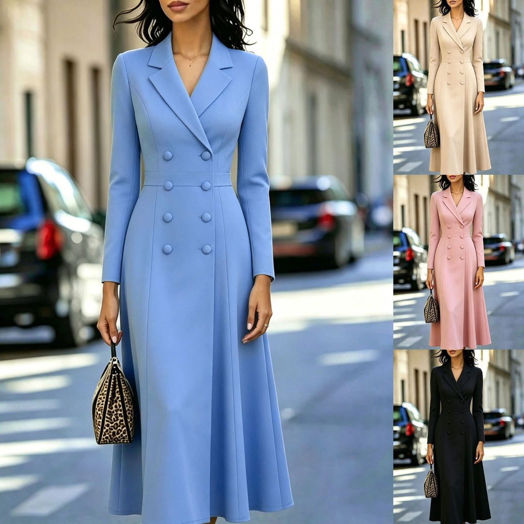 Elegant Double-breasted Tailored Long Dress With A Cinched Waist And A Flared Skirt by Ricaloux