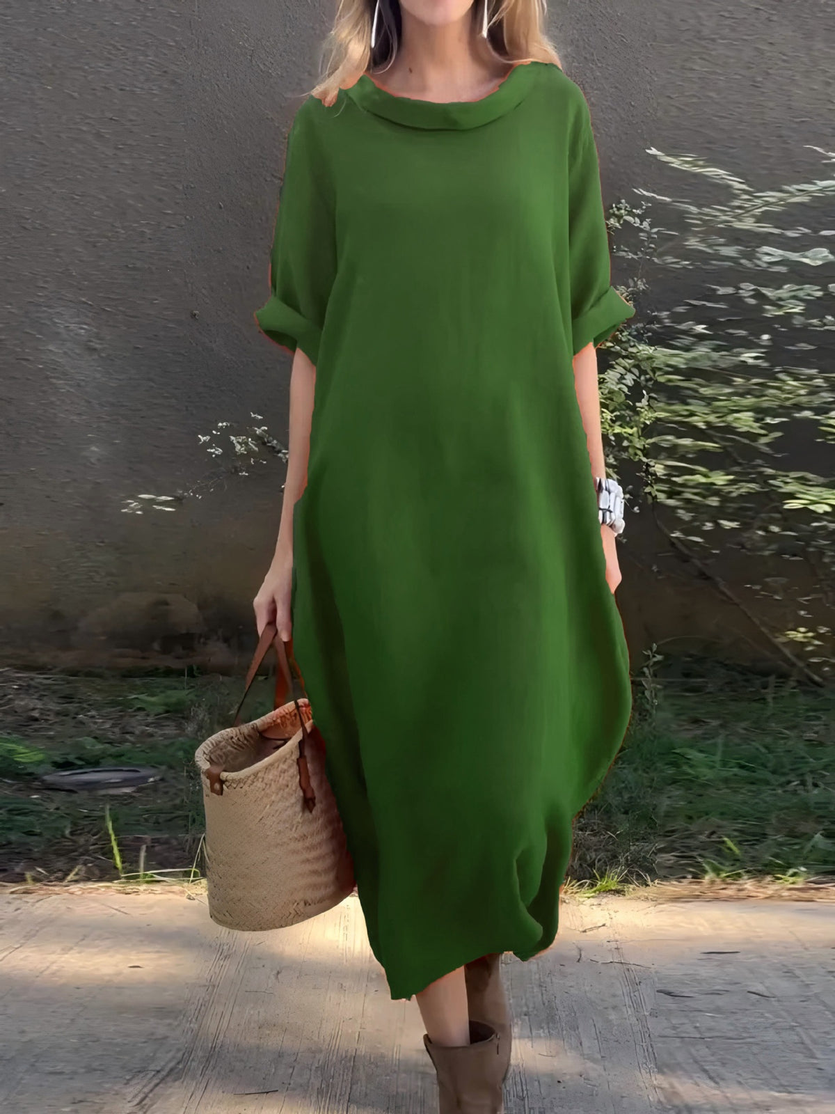 Casual Loose-fitting Round-neck Mid-sleeve Maxi Dress With A Flared Hem – Premium 0 | RICALOUX