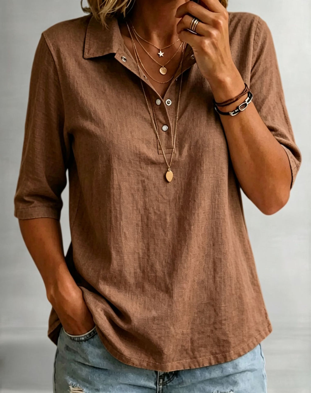 Loose-fitting Casual Mid-sleeve Lapel-collar Solid-color Shirt – Premium 0 | RICALOUX
