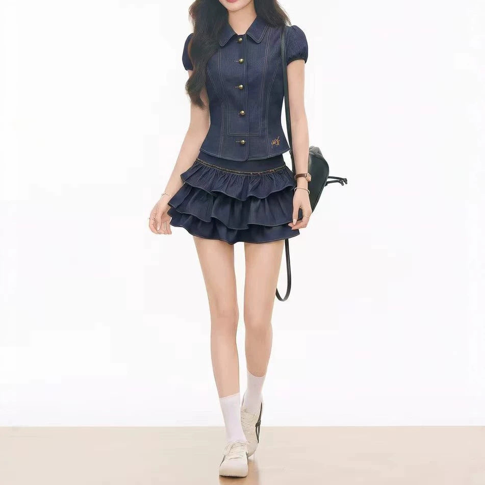 Womens Short-sleeve Shirt And Tiered Skirt Set – Premium 0 | RICALOUX