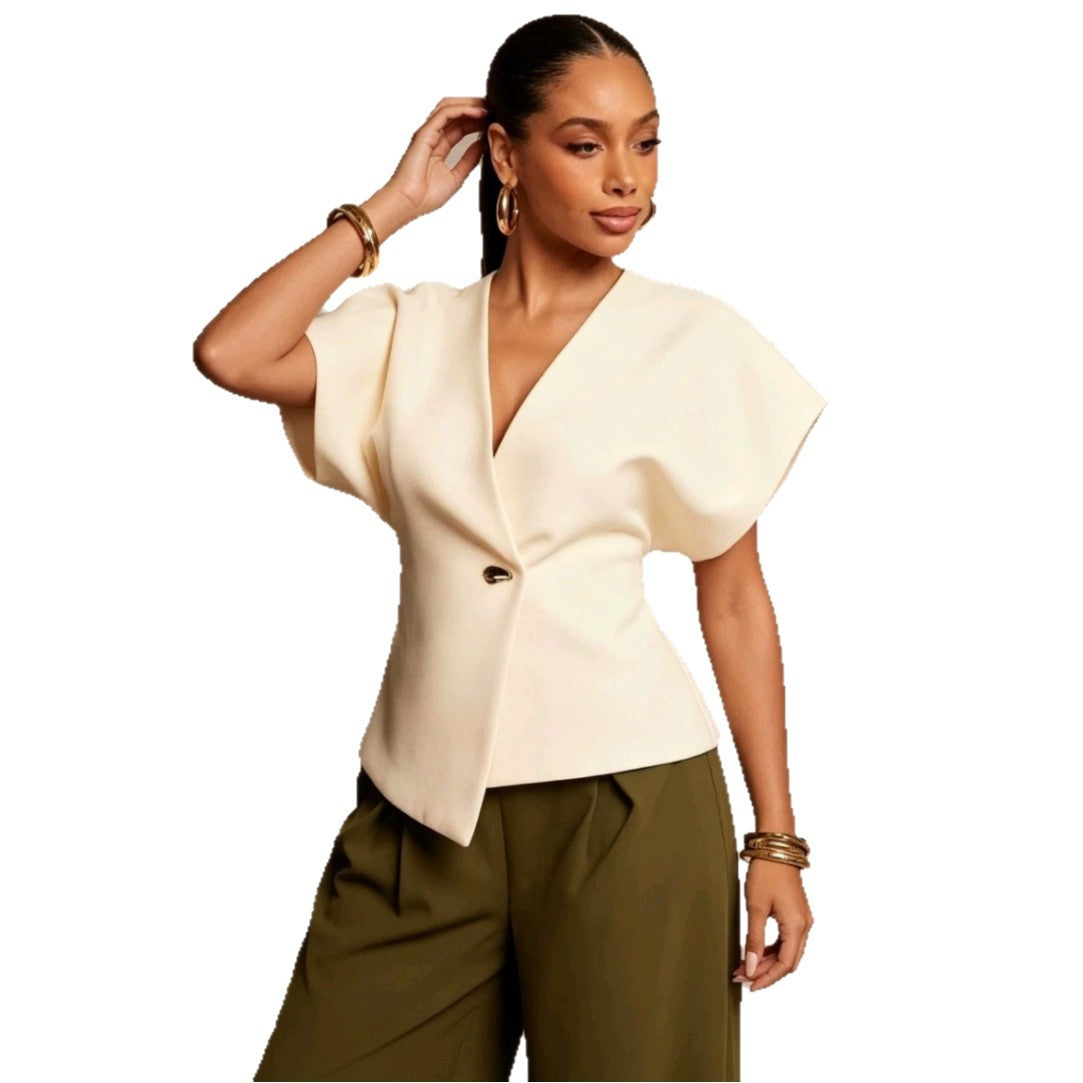 Solid-color Textured Woven Asymmetric-hem Single-button Vest by Ricaloux