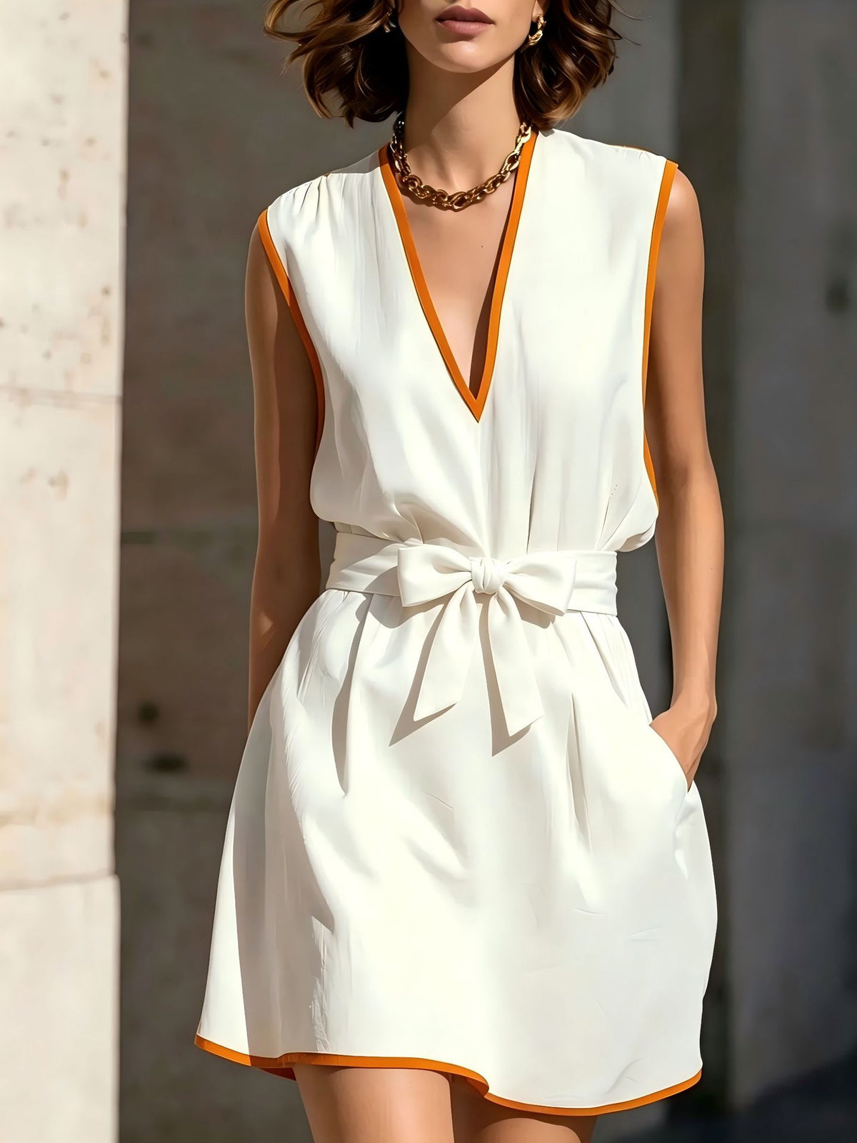 Sleeveless V-neck Waist-cinching Lace-up Dress For Women – Premium 0 | RICALOUX