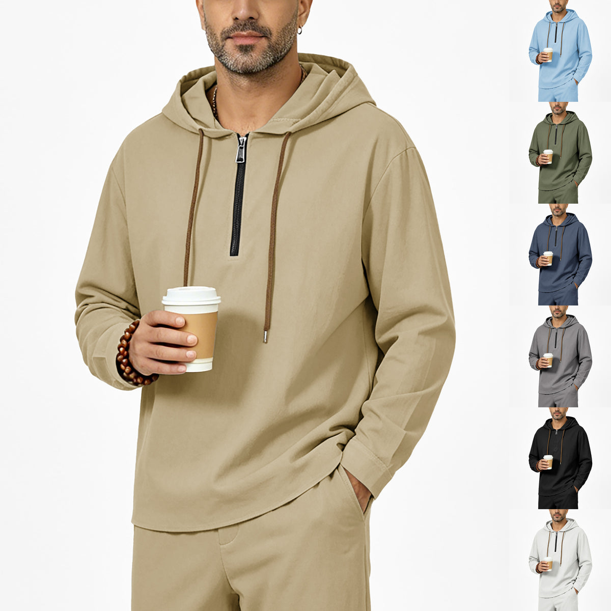 Mens Linen Hooded Half-Zip Sweatshirt by Ricaloux